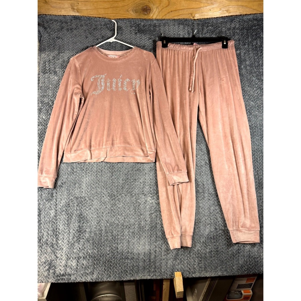 Juicy Couture Pajama Set Womens Medium Pink Velvet Stretch Sleepwear Rhinestone